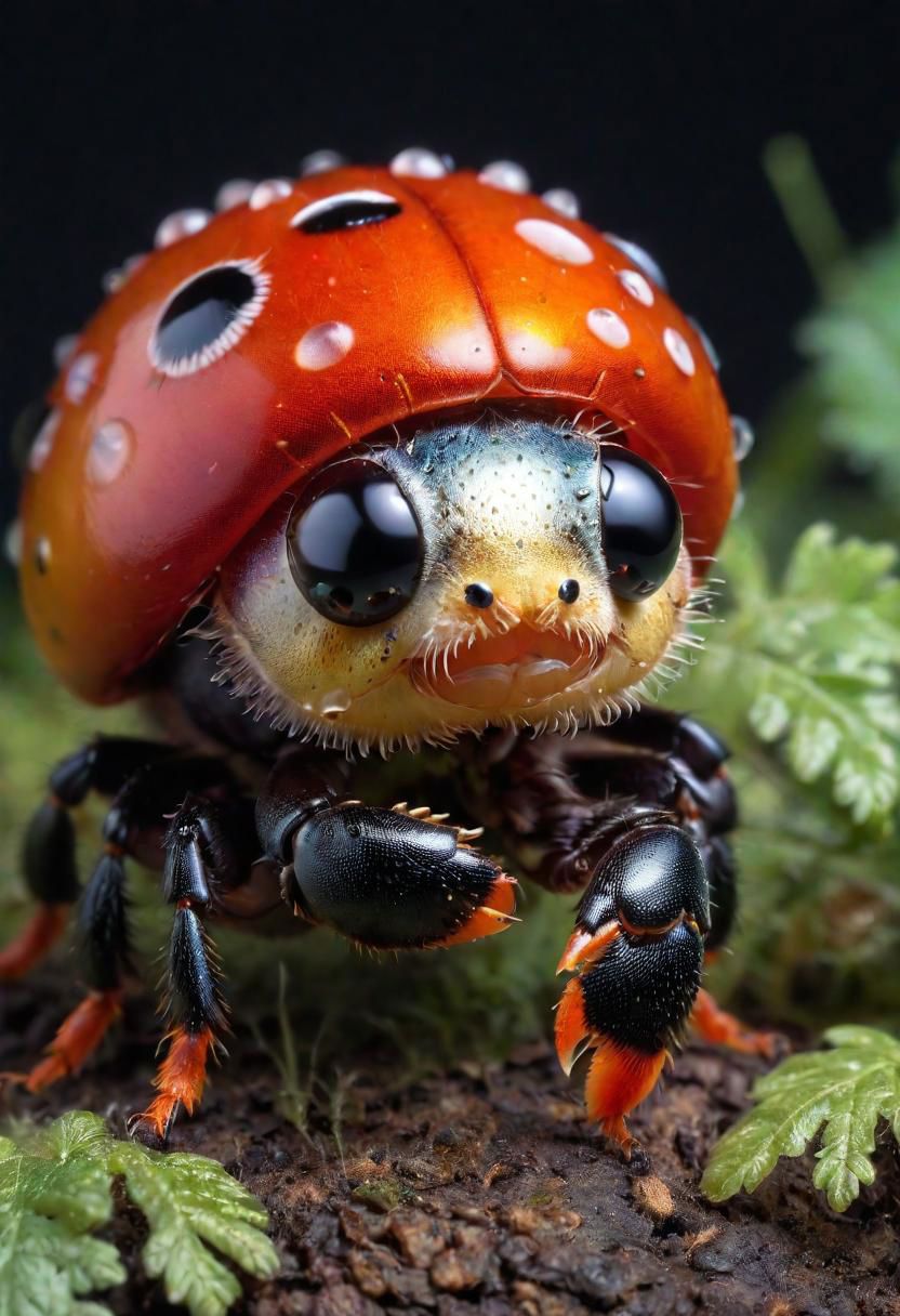 Mix the glowing-mushrooms, lobster and curly fur to create adorable magical ladybug with big glowing eyes, masterpiece, Surrealism, close-up, macro photo, f/1.2, backlighting, Albert Edelfelt, multicolored hair