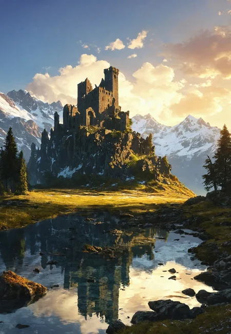 (ruins, broken, snow, dappled sunlight:1.2), sun, tree, forest, scenery, rock, reflection, ancient, overgrown, mountains, sunset, clouds, mountainous horizon, fantasy, medieval, 1other, looking away (masterpiece, exceptional, best aesthetic, best quality, masterpiece, extremely detailed:1.2), in the style of umempart
 (8k uhd:1,4)
 <lora:add-detail-xl:1>
 <lora:Dynamic Poses:1>