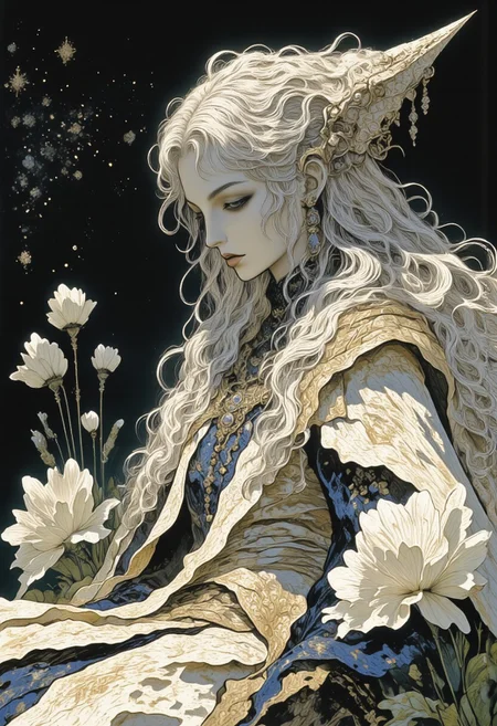 Tired pale sad majestic goddess dancing in a field of pale flowers and pale skulls. Her pale hair is space, and her pale body is the stars. She bestows both life and afterlife. She is dressed in a pristine white dress, shining with the light of the first stars. mystic jewelry, model pose, perfect composition, very pretty, subtle, majestic, close up, moonlight, ruins, anime, night, magical stars. She has very beautiful face, the light of stars shines through her eyes. From her incredibly long hair the Norns weave the moon.