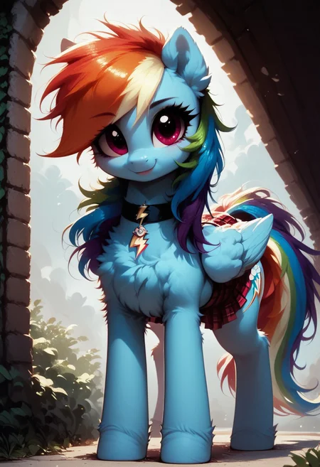 score_9, score_8_up, score_7_up, score_6_up, high resolution, hight detailed, high quality, intricate detail, detailed, (((feral pony))), solo, bitter, fluffy, fur, cute face, cute, wide hips, wide thighs, dark theme, full body, female pony, mare, ((rainbow dash)), wings, (short body), (long legs), (lanky), petite build, egirl, emo girl, ((black streak)), hair over one eye, thick mascara, choker, miniskirt, ((plaid skirt)), midriff, looking to the viewer, standing, Curvy figure, solo