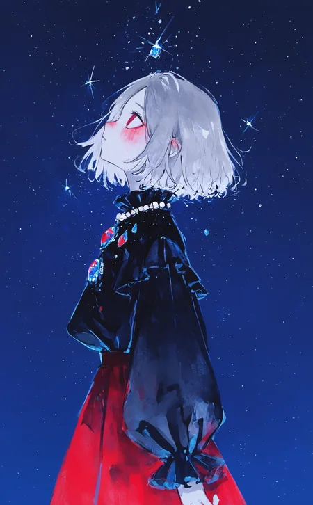 masterpiece, best quality, amazing quality, 1girl, solo, short hair, shirt, skirt, long sleeves, grey hair, cowboy shot, frills, puffy sleeves, from side, profile, red skirt, blue background, looking up, gem, star \(sky\), pale skin, puffy long sleeves, beads, Karinami Inkblush mode,thick ink outlines,soft marker gradients,era 2020s indie illustration,(Inkblush style:1.2), <lora:noobai_ep11_stabilizer_v0.138_fp16:0.3> <lora:XXX667:0.6> <lora:96YOTTEA-WAI:0.6> <lora:Karinami_Inkblush_mode_Illustrious_clean:0.5>