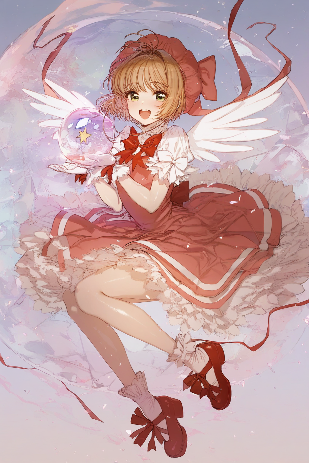 Simple Flat Coloring,ZX light,Crystal ball,ZX light,Simple Flat Coloring,1girl,solo,shiny skin,ciloranko,rhasta,very aesthetic,high definition,masterpiece,illustratio,best qualityn,artist:hxxg,{pigeon666},[ciloranko,wlop][artist:ask_(askzy)],{artist:redi_(rasec_asdjh)},artist:wanke,<lora:Crystal ball:0.7>, -1girl, kinomoto sakura, green eyes, hat, dress, wings, brown hair, solo, short hair, red footwear, ribbon, full body, magical girl, short sleeves, shoes, star \(symbol\), open mouth, puffy sleeves, pink headwear, pink dress, frills, smile, socks, red dress