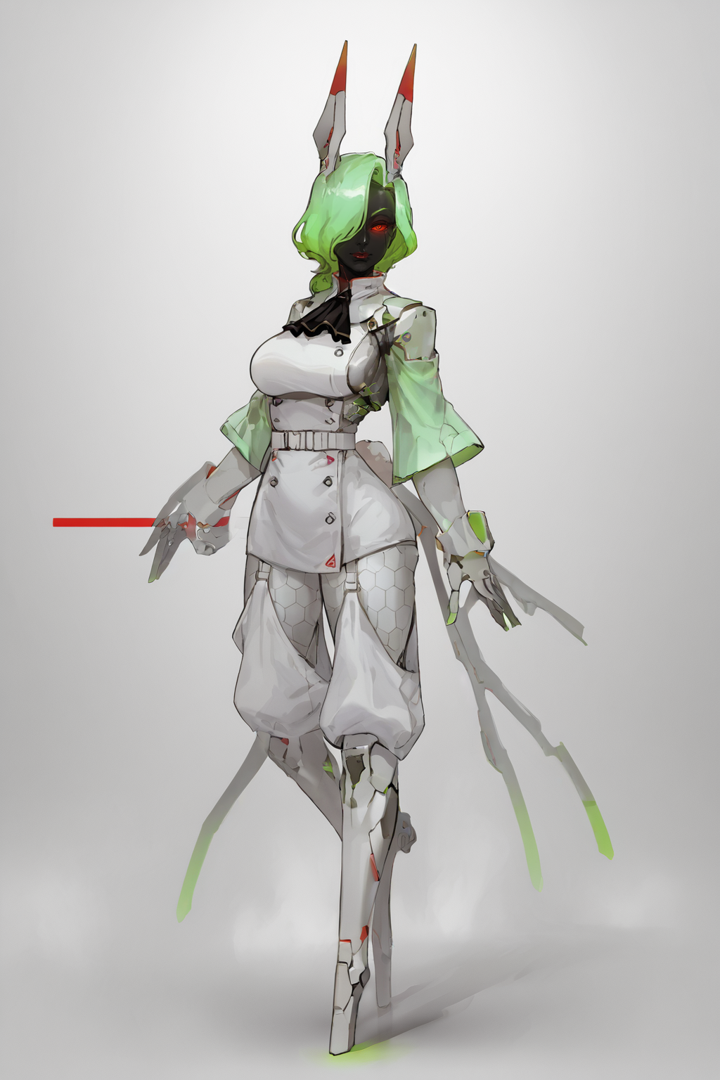 score_9, score_8_up, score_7_up, score_6_up, score_5_up, score_4_up, BREAK, source_anime, solo, 1girl, rating_safe, ((mature female)), ((long green flowing hair)), mechanical parts, (big backwards folded mechanical rabbit ears), mature female, (bunny ears), (animal ears), subdermal port, ((milf, mature female, big breasts)), hexagon lines in skin, naval uniform overcoat, naval uniform, white military uniform, dress_uniform, ribbons, ((red eyes)), bunny tail, rabbit tail, aiguillette, ((green hair)), ascot, ((High Angle (from behind) view Extreme Distance shot)), latex pilot suit, shoulder cutout, bunny rabbit Tail, ((hair over one eye, )), digitigrade, clawed feet, minimal clothes, ((metal skin, shiny skin, vampire aesthetic, digital eyes, filled eyes, monochromatic eyes, glowing eyes, colored sclera, red sclera, mechanical eyes, partially shaded face, )), <lora:ECHANIS:1>,  <lora:IncaseLycoXL:1>