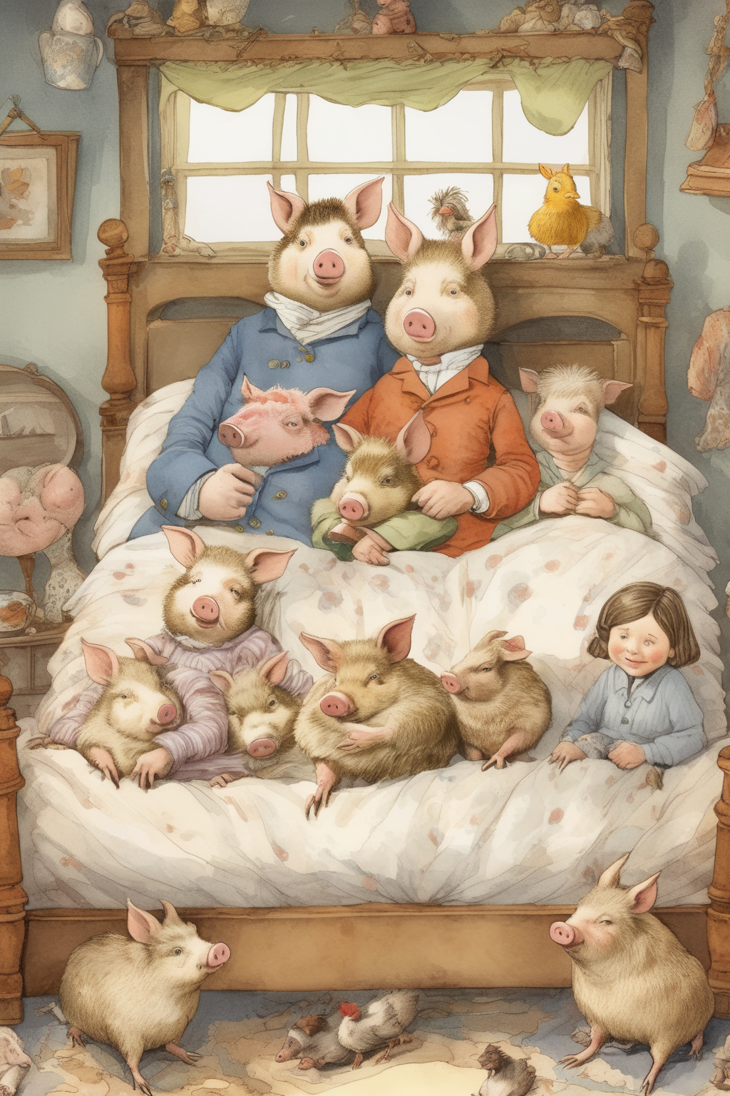 <lora:Randolph Caldecott Style:1>Randolph Caldecott Style - dirty caucassian family laying in bed, wearing pajamas. In the same bed there are 4 chicken, 3 ducks, dog, cat and two pigs. in style of beatrix potter.