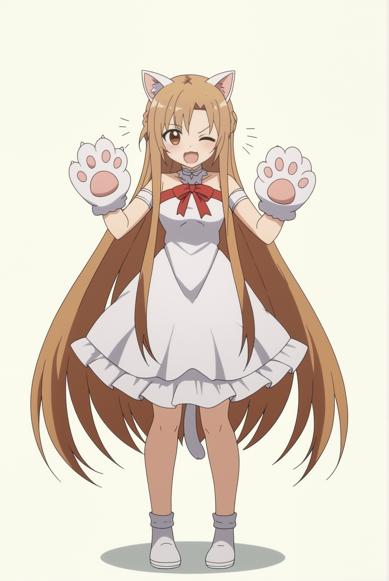 <lora:AsunaFairyV2:0.8>, white background, Asuna, 1girl, one eye closed, solo, animal ears, tail, white background, cat ears, cat tail, paw gloves, full body