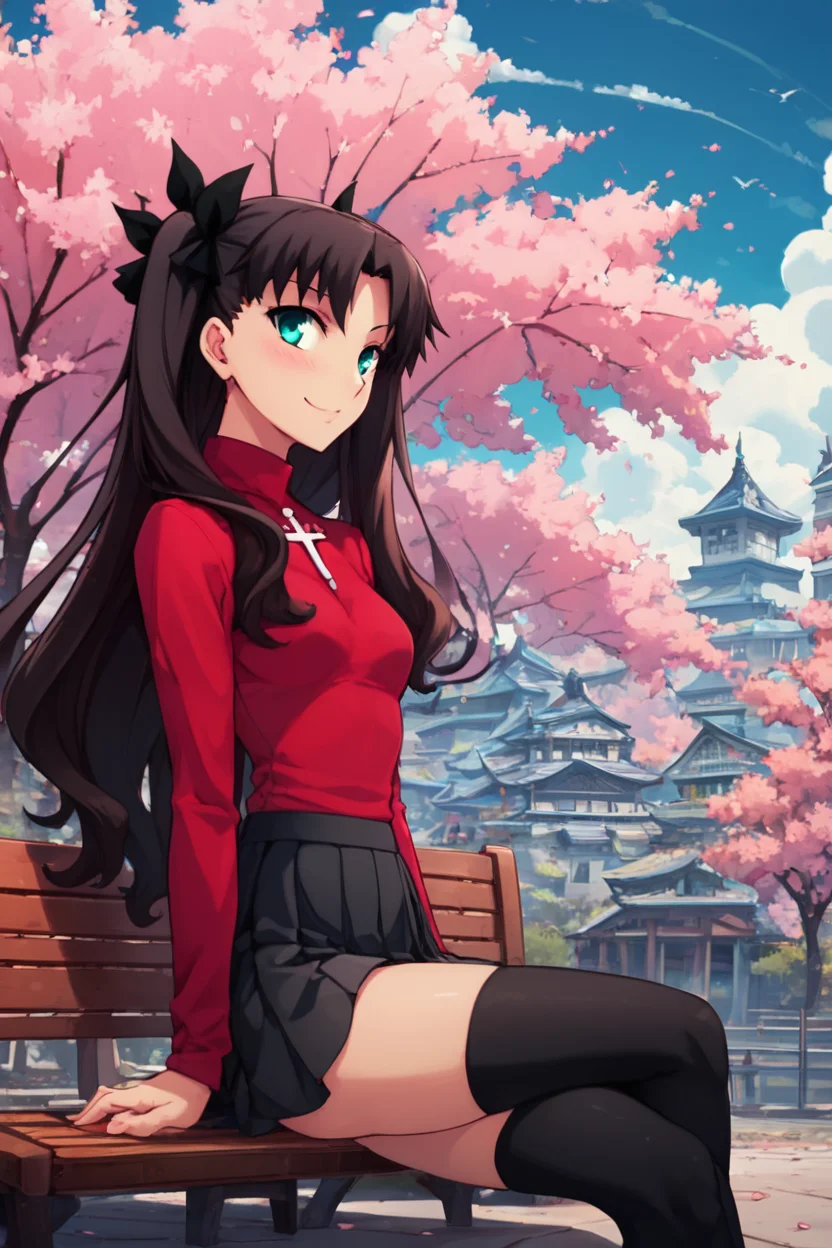 score_9, score_8_up, score_8, medium breasts, (curvy), cute, eyelashes, sitting on bench, side view, smile, looking at viewer, ,,, <lora:rin-tohsaka-ubw-ponyxl-lora-nochekaiser:0.8>, rin tohsaka, aqua eyes, black hair, hair ribbon, long hair, ribbon, sidelocks, two side up, parted bangs, black skirt, black thighhighs, long sleeves, miniskirt, pleated skirt, red sweater, skirt, sweater, thighhighs, turtleneck, cowboy shot, BREAK, pnkBldng, sky, day, cloud, tree, blue sky, building, architecture, east asian architecture, BREAK, embedding:zPDXL, Expressiveh, <lora:PinkBuildingsPDXL_v2:0.6>, <lora:SDXLFaeTastic2400:0.5>, <lora:Expressive_H-000001:0.4>,