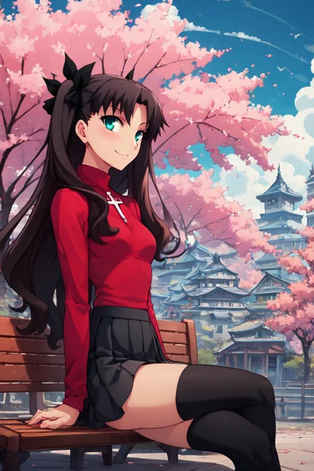 score_9, score_8_up, score_8, medium breasts, (curvy), cute, eyelashes, sitting on bench, side view, smile, looking at viewer,  ,,, <lora:rin-tohsaka-ubw-ponyxl-lora-nochekaiser:0.8>, rin tohsaka, aqua eyes, black hair, hair ribbon, long hair, ribbon, sidelocks, two side up, parted bangs, black skirt, black thighhighs, long sleeves, miniskirt, pleated skirt, red sweater, skirt, sweater, thighhighs, turtleneck, cowboy shot,  BREAK, pnkBldng, sky, day, cloud, tree, blue sky, building, architecture, east asian architecture, BREAK,  embedding:zPDXL, Expressiveh,   <lora:PinkBuildingsPDXL_v2:0.6>,  <lora:SDXLFaeTastic2400:0.5>,  <lora:Expressive_H-000001:0.4>,