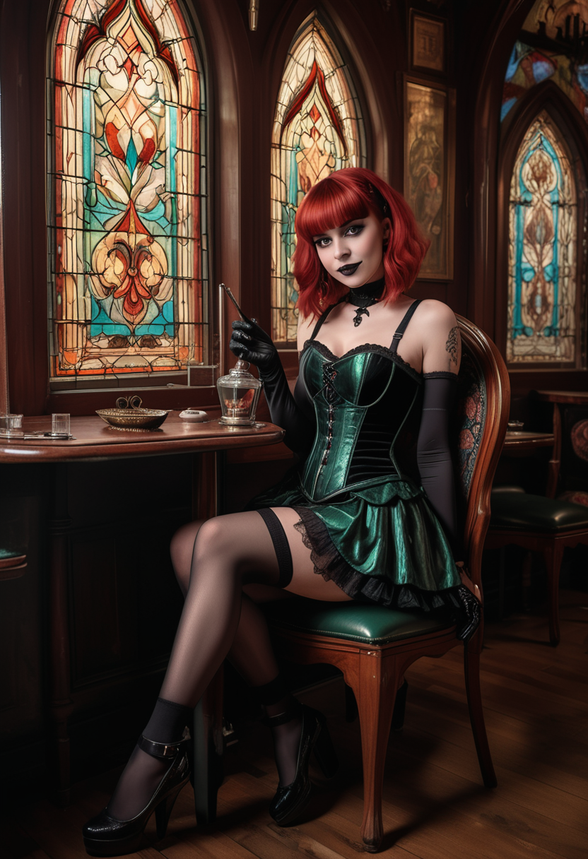 (medium full shot) of (enchanting gothic maiden) young woman, normal build, medium red curtain bangs hair, black american, dark skin, black eyes, wearing a gothic ivory corset-style top , mini skirt with gothic patterns, patterned stockings, ballet flats, Dark green lipstick, dark nail polish with dark green shimmer, leather gloves carrying a vintage handbag, set in  gothic Bar Smoking Section, Mysterious alcove with heavy velvet curtains, vintage leather armchairs, ornamental ashtrays on dark wooden tables, stained glass windows casting colorful patterns, a faint scent of incense lingering in the air , at sunset, woman smiling, ,Masterpiece,best quality, raw photo, realistic, very aesthetic