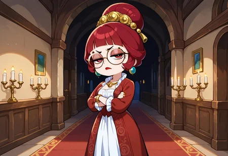 solo, 1girl, red hair, red eyes, round eyewear, round glasses, shortstack, red victorian dress, hime cut, sidelocks, blunt bangs, single hairbun, mature female, milf, medium breasts, petite, puffy sleeves, long sleeves, red lipstick, pantaloons, jewelry, bracelet, necklace, earrings, rings, long skirt, frills, standing, looking at viewer, annoyed, irritated, half closed eyes, arms crossed, belt
indoors, castle hallway, candleabra, soft lighting,