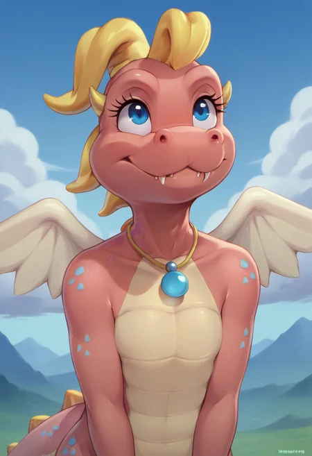 zPDXL, zPDXLxxx, score_9, score_8_up, score_7_up, score_6_up, score_5_up, score_4_up, BREAK  <lora:Cassie_Dragon_Tales_for_PonyXL:1>, cassie \(dragon tales\), solo, wings, dragon, necklace, jewelry, female, no humans, looking up, horns, blue eyes, outdoors, anthro, fangs, closed mouth, colored skin, sky, day, arms at sides, scalie, blue sky, red skin, fangs out, standing, cloud, smile