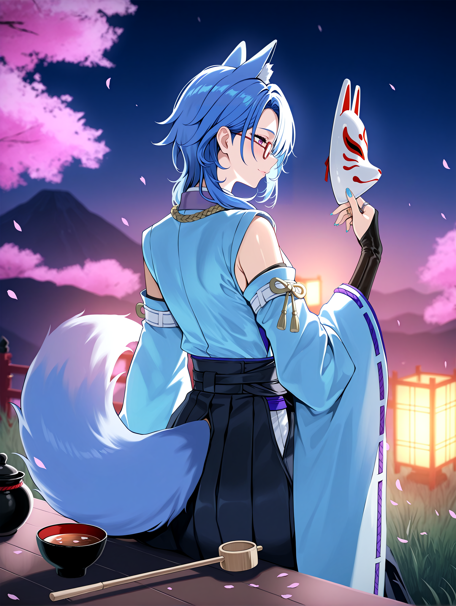 IllustriousQual <lora:cfg_scale_boost:0.3> <lora:StS-Illustrious-Detail-Slider-v1.0:3>,detailed_background,outdoors,mountainous horizon,absurdres,bridal gauntlets,blurry,fox tail,hakama,ring hair ornament,lantern,tsukishiro yanagi,long sleeves,medium hair,alternate costume,highres,nail polish,blue hair,blue kimono,shirt,plus q,male focus,iriomote,glasses,blue hakama,kimono,standing,chawan,dress shirt,kamisato ayato,ribbon trim,chagama \(pot\),depth of field,night,fox mask,ribbon-trimmed sleeves,black bridal gauntlets,hishaku,blue nails,eous \(zenless zone zero\),japanese clothes,pink hair,1boy,fingernails,mask,black skirt,detached sleeves,petals,fox boy,outdoors,from side,from behind,pink eyes,bowl,pink petals,long fingernails,chasen,alternate species,long hair,tea ceremony,skirt,grass,sitting