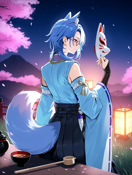 IllustriousQual <lora:cfg_scale_boost:0.3> <lora:StS-Illustrious-Detail-Slider-v1.0:3>,detailed_background,outdoors,mountainous horizon,absurdres,bridal gauntlets,blurry,fox tail,hakama,ring hair ornament,lantern,tsukishiro yanagi,long sleeves,medium hair,alternate costume,highres,nail polish,blue hair,blue kimono,shirt,plus q,male focus,iriomote,glasses,blue hakama,kimono,standing,chawan,dress shirt,kamisato ayato,ribbon trim,chagama \(pot\),depth of field,night,fox mask,ribbon-trimmed sleeves,black bridal gauntlets,hishaku,blue nails,eous \(zenless zone zero\),japanese clothes,pink hair,1boy,fingernails,mask,black skirt,detached sleeves,petals,fox boy,outdoors,from side,from behind,pink eyes,bowl,pink petals,long fingernails,chasen,alternate species,long hair,tea ceremony,skirt,grass,sitting