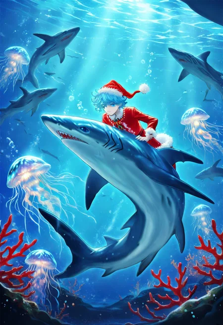 masterpiece, best quality, high quality, good quality, boy, curly hair, blue eyes, blue hair, animal, sharks, jellyfish christmas animals, swiming, underwater, glowing corals, festive ambiance, bioluminescence, holiday theme, detailed, intricate details, dynamic lighting, festive accessories, Santa hats, animal christmas