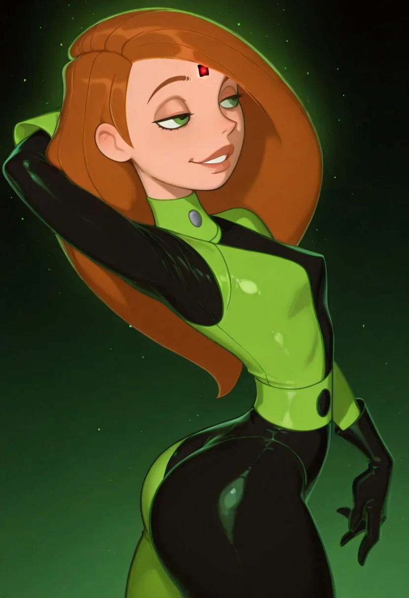 1girl, solo, masterpiece, best quality, amazing quality, absurdres BREAK mind control chip, kim possible, ginger hair, long hair, green eyes, forehead ornament, glowing red light, skinny, black and green bodysuit, two-toned uniform, gloves, green belt, evil eyes, smug, alluring, posing, dynamic pose, sexy, alluring, one hand behind head, one hand on hips, hips to side, wide hips, bubble butt, curvy, small breasts, dynamic pose, sexy, from above