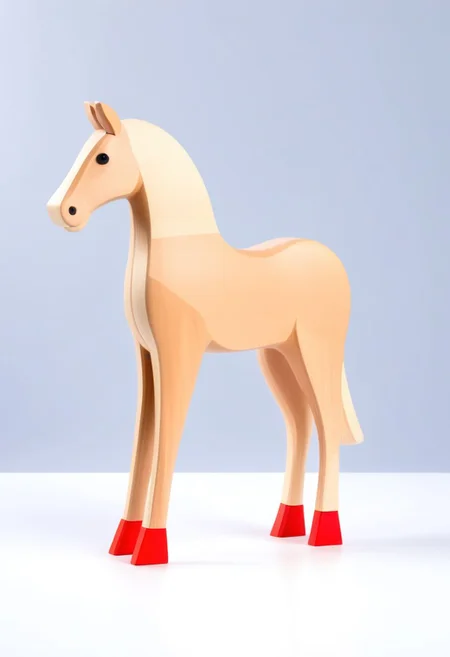 (expert craftsmanship:1.8), (high resolution, product photography, photo studio background:1.2), (modern wooden toy animal, equine creature:1.8), (fine wood, realistic wood material:1.5), (simple form, abstract form, multiple parts:1.9), (finely crafted parts, simple shape, elegant shape, ambiguous shape, stout shape, innocent shape:1.4), (painted, comfortable, playful, friendly:1.5), (tall, lanky, whimsical:1.7), (Bauhaus Design aesthetic:1.7)
