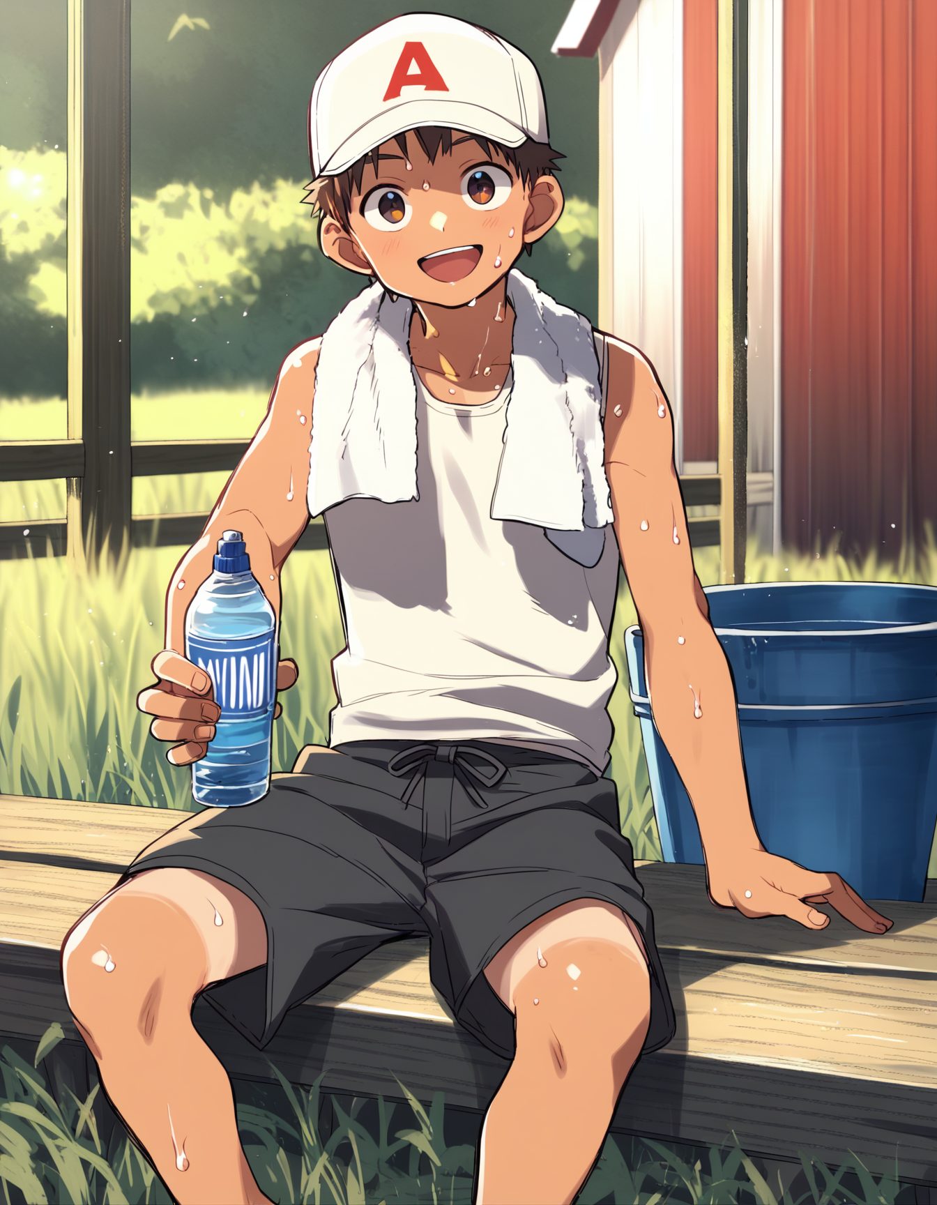 score_9, score_8_up, score_7_up, score_6_up, source_anime, outdoors, farm, field, 1boy, solo, tan, brown hair, brown eyes, white tank top, black shorts, sitting, towel around neck, baseball cap, holding water bottle, looking at viewer, open mouth, smile, sweat <lora:a6_AMXL_v1g-ShoAI:1>