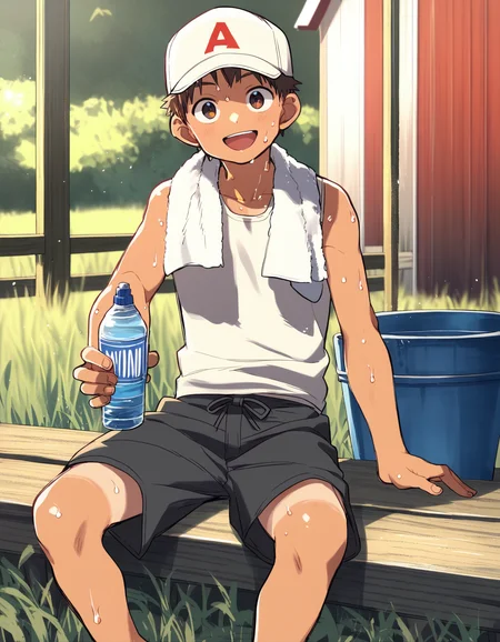 score_9, score_8_up, score_7_up, score_6_up, source_anime, outdoors, farm, field, 1boy, solo, tan, brown hair, brown eyes, white tank top, black shorts, sitting, towel around neck, baseball cap, holding water bottle, looking at viewer, open mouth, smile, sweat <lora:a6_AMXL_v1g-ShoAI:1>