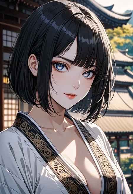 gorgeous lips, cinematic, (masterpiece), (best quality), (ultra-detailed), very aesthetic, illustration, perfect composition, intricate details, absurdres, detailed face, (anime, masterpiece, intricate:1.3), (best quality, hires textures, high detail:1.2), (4k),(incredibly detailed:1.4) (beautiful detailed face, beautiful detailed eyes)
villain, 1woman, arrogant smile
high pointed nose, (nostrils:1.3), no bra, blurry, 22-year-old woman, pale skin, evil smile
black eyes, bob black hair, big brests
white kimono, pelvic curtain on ass, large ass, from behind, outdoors, dimly lit, beautiful eyes, detailed eyes, sparkling eyes