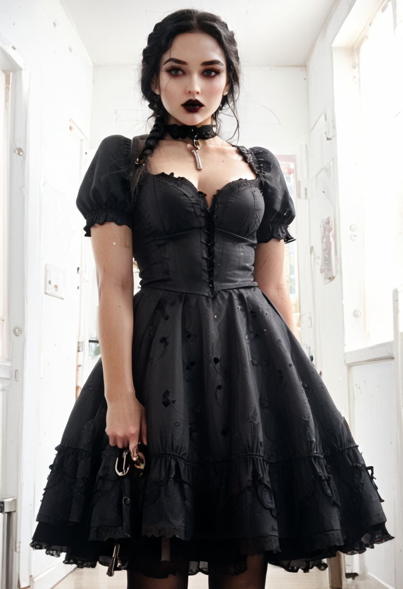 (score_9,score_8_up,score_7_up:1), 1girl, angled view from below, horror, daylight, warm tones, dumb, <lora:gg3:1> Goth girl, <lora:goth_clothes:1>, lollita dress, black dress, lollita fashion accessories, red details, soft body, black hair, queens braid hairstyle, choker, eyeshadow)) (alabaster oiled skin), pawg, wide hips, milf, <lora:butt:1>, pointing with object, ornate Server room, (<lora:zavy-cntrst-sdxl:1> chiaroscuro, low-key, horror), <lora:magnetus:1>, <lora:add-detail-xl:1>, <lora:ALTXL_pony_0061_8:1.5>,