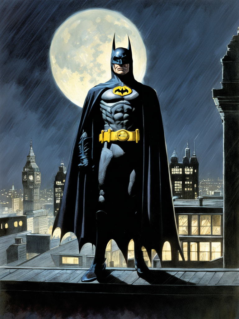 Colour pencil illustration of Batman in a rainy Gothic London roof top at night, dark sky, moon lit cityscape city view, by Robert McGinnis <lora:Batman89:0.6>