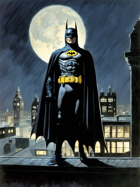 Colour pencil illustration of Batman in a rainy Gothic London roof top at night, dark sky, moon lit cityscape city view, by Robert McGinnis <lora:Batman89:0.6>