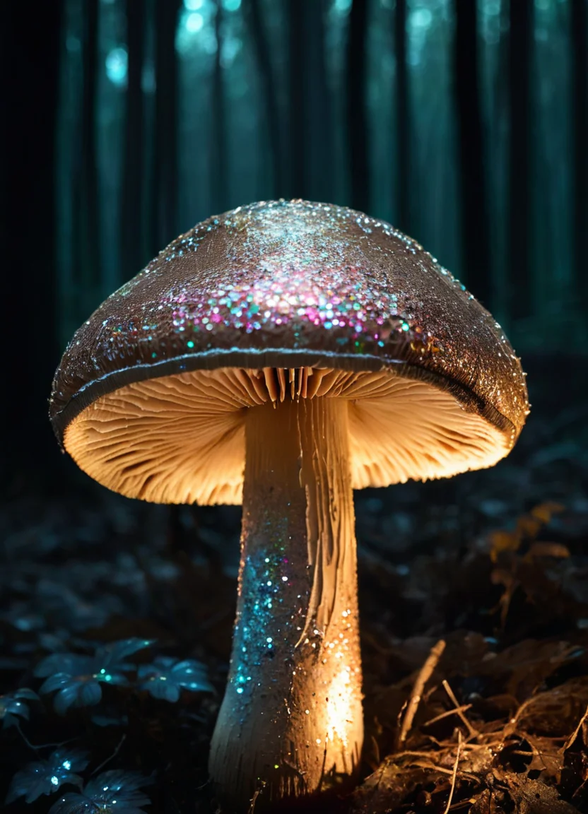 photo of a mushroom with GlitterStyle, makeup, in the dark forest,
 <lora:GlitterStyle_sdxl:0.8>