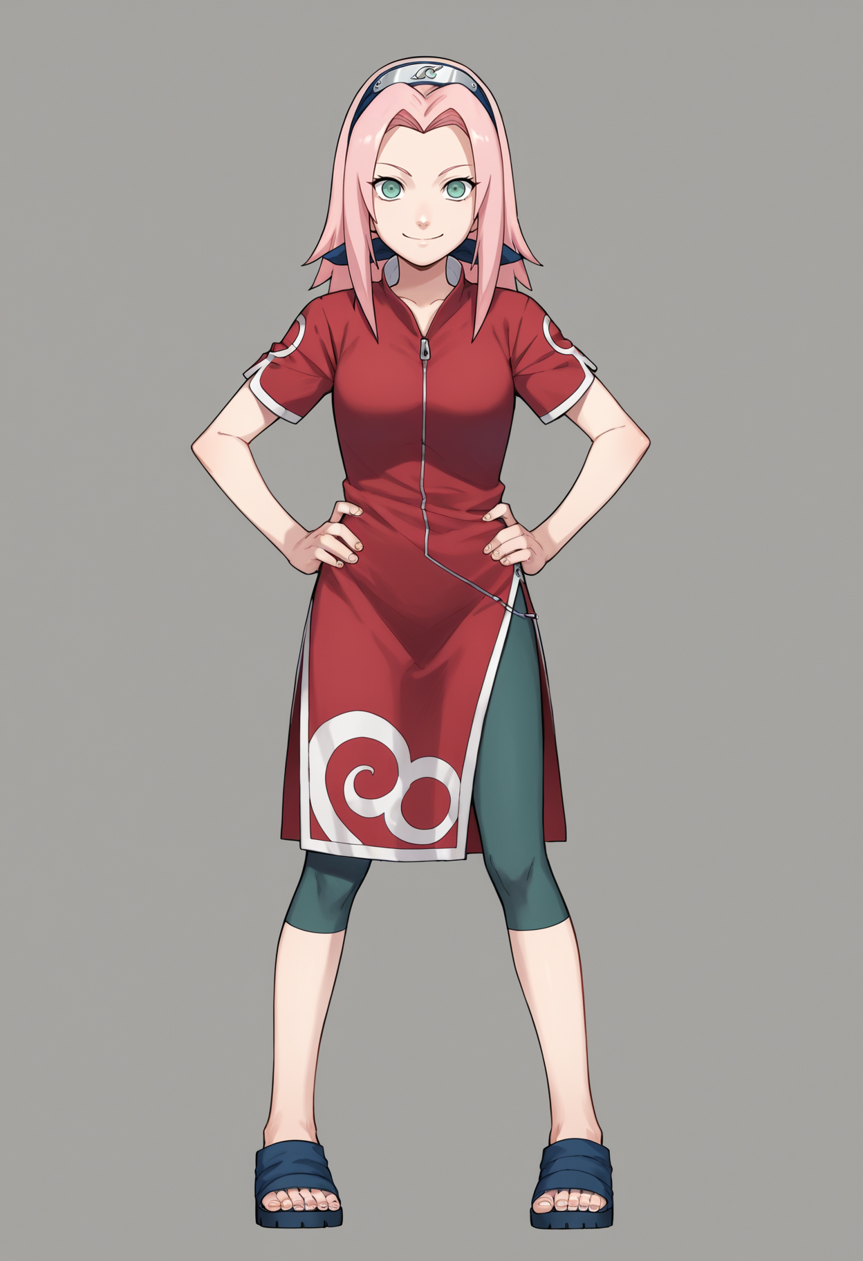 score_9, score_8_up, score_7_up, score_6_up, score_5_up, score_4_up, BREAK, source_anime,
1girl, haruno sakura, pink hair, long hair, green eyes, red shirt, red qipao , zipper, short sleeves, bike shorts,
hands on hips, smile, standing, full body, looking at viewer, solo, simple background, white background
 <lora:SakuraGeninXL:1>