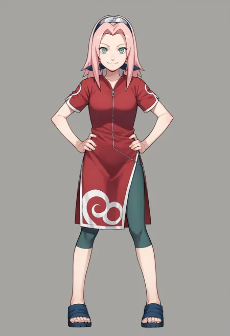 score_9, score_8_up, score_7_up, score_6_up, score_5_up, score_4_up, BREAK, source_anime,
1girl, haruno sakura, pink hair, long hair, green eyes, red shirt, red qipao , zipper, short sleeves, bike shorts,
hands on hips, smile, standing, full body, looking at viewer, solo, simple background, white background
<lora:SakuraGeninXL:1>