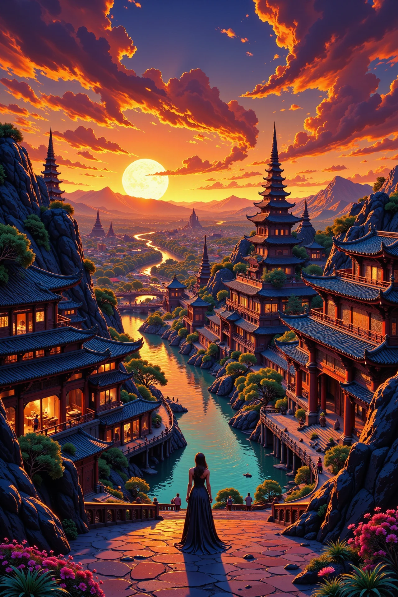 An oriental fantasy city beautiful  landscape, sunset, woman, very intricate, very detailed, sharp, bright, colorful, <lora:Hand v2:0.5> <lora:Anti-Blur:1><lora:Insane Detail Slider:0.25>  <lora:flux.1_lora_flyway_Epic-detail_v2:0.3> <lora:fluxenhancer:0.25>  <lora:ROWER:0.6>