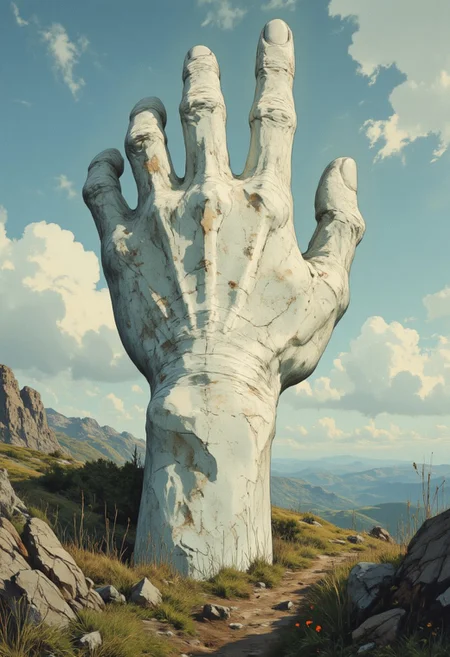 (masterpiece), best quality, A gigantic marble white fingers coming from of  earth seen from a plain grassy land, absolute reality,retro aesthetic,analog photo