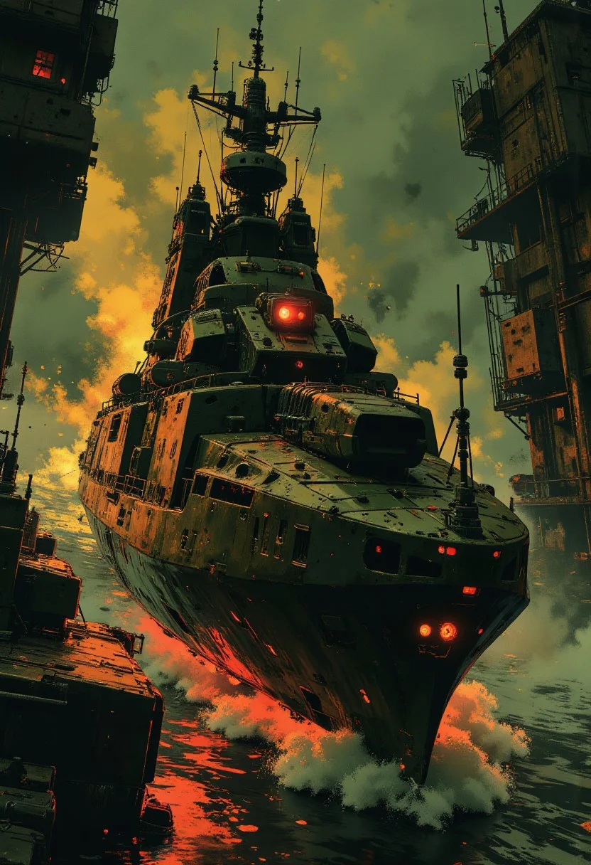 inksketch, silhouette art, chiascuro, cyberpunk, a_skynet_cyberdyne_systems_craft, the image is featuring a sleek military cruiser in camouflage armour, cyberdyne red glowing diodes, highly advanced industrial look, with glowing red diodes and LEDs, gun turrets firing, speeding though a fortified harbour, directional lighting