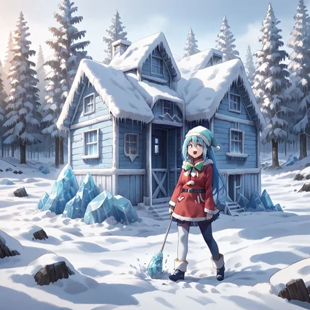 best quality, highres, high resolution, score_9, score_8_up, score_7_up, score_6_up, score_5_up, score_4_up, 1 female, aqua is wearing Santa outfit, her outfit is made of snow crystals,  (Aqua_(Konosuba):1), fr0stwrld, snow, ice, <lora:Fr0stWrld-v10:1.2> , <lora:Aqua Pony:1> ,full body, front yard of a house in snow forest, snow background, standing , anime pose, despair face