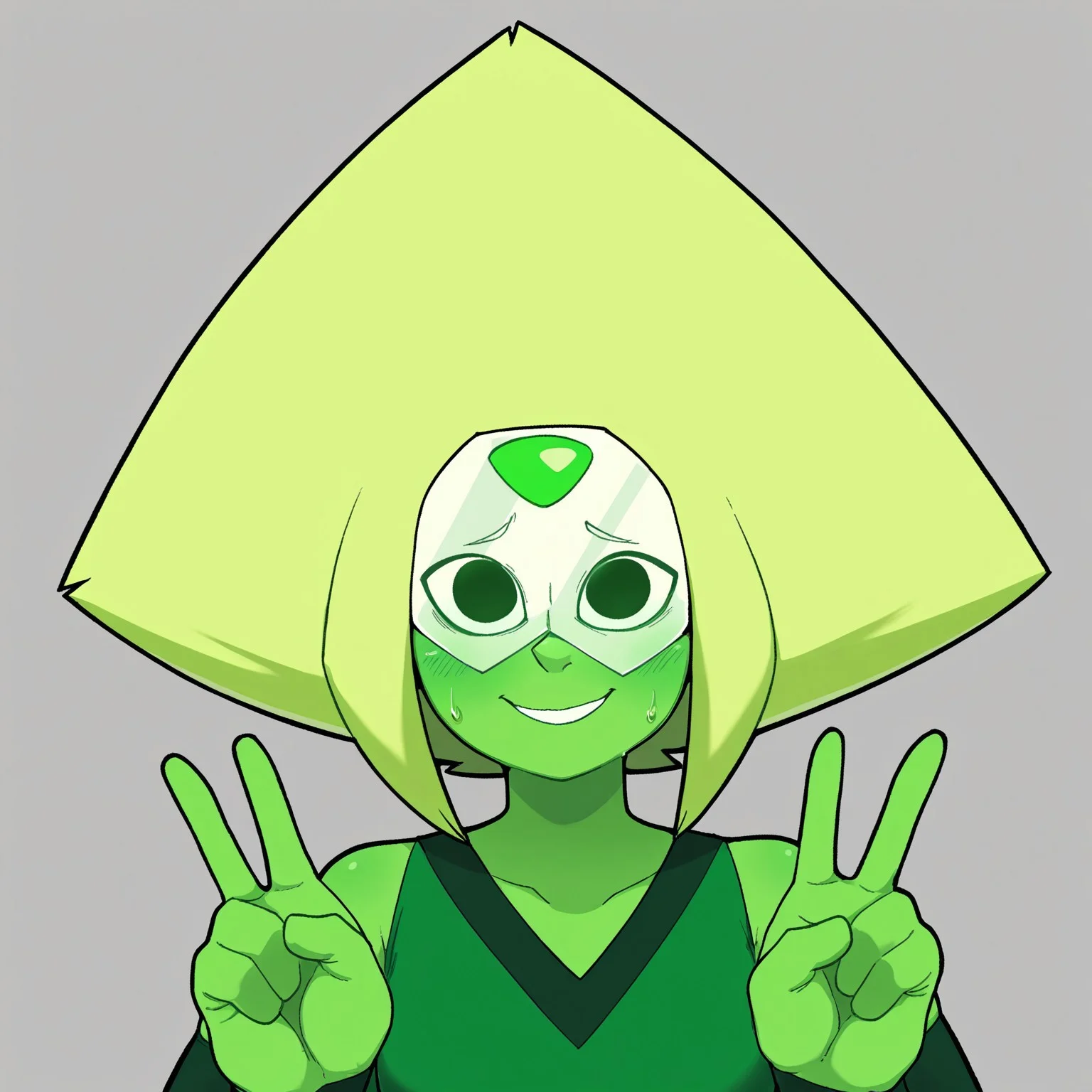 masterpiece, best quality, good anatomy, detailed face, detailed eyes, 5 fingers, solo, 1girl, peridot \(steven universe\), forehead gem, triangle hair, blonde hair, colored skin, green skin, visor, front view, looking at viewer, simple background, character concept, clothed, nervous smile, peace sign, upper body portrait,
