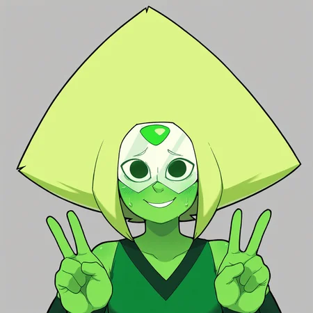 masterpiece, best quality, good anatomy, detailed face, detailed eyes, 5 fingers, solo, 1girl, peridot \(steven universe\), forehead gem, triangle hair, blonde hair, colored skin, green skin, visor, front view, looking at viewer, simple background, character concept, clothed, nervous smile, peace sign, upper body portrait,