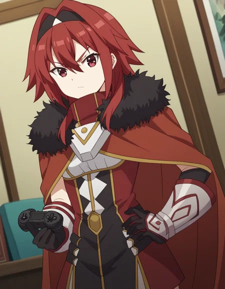score_9, score_8_up, score_7_up, source_anime, <lora:bofuri-mii-s2-ponyxl-lora-nochekaiser:1>, mii, long hair, bangs, red eyes, hair between eyes, sidelocks, red hair, hairband, black hairband,, gloves, black gloves, cape, armor, fur trim, red cape,, living room, video game, controller, competitive, fun, afternoon, , looking at viewer, elbow bent, foot crossed, hand on hip, solo,, cowboy shot, dutch angle