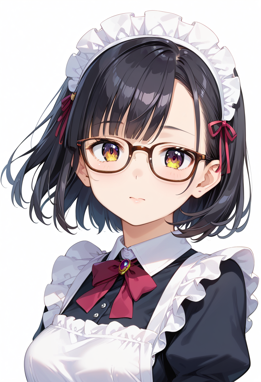 score_9, score_8_up, score_7_up, rating_safe, masterpiece, best quality, absurdres, unity 8k wallpaper, official art, official style, source_anime, uncensored, game cg, megami magazine,
1girl, solo, black hair, medium hair, upper body, covered eyes,maid, maid headdress, black dress, maid apron, face focus,
Wellington24S, glasses, white background, simple background, brown-framed eyewear
 <lora:glasses_Wellington24S_PONY_V1:1>