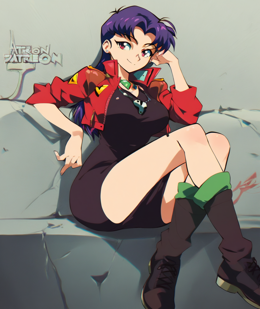 score_9, score_8_up. score_7_up, <lora:aetherion:1> aetherion,  score_9, aetherion, 1girl, katsuragi misato, jewelry, black dress, red jacket, large breasts, smile, looking at viewer, long hair, sitting, purple hair, necklace, earrings, cropped jacket, red eyes, black footwear, open jacket