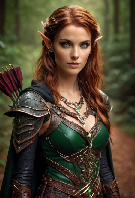 high fantasy style RAW photo, (barbsynthxl:0.6), Magical, medieval fantasy style, vibrant, stunningly beautiful, crisp, detailed, high contrast, cinematic, ultra detailed, intricate, professional, (high quality:1.4), (intricate, high detail:1.2), professional photography, HDR, High Dynamic Range, realistic, ultra realistic, photorealistic, high resolution, film photography, ambient lighting, UHD, Female Wood Elf, sleek leather armor, Dark cloak, Ginger Hair, Freckles, green eyes, over-the-hip shot, cleavage, elf ears, tribal ear piercings, bramble necklace,