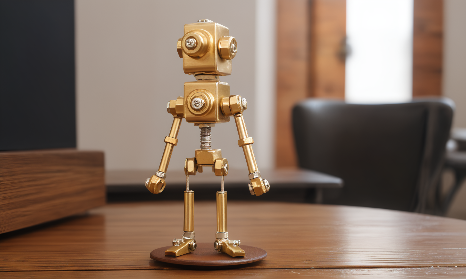 <lora:vintagemechcd_xl-000012:0.8>,a simple-structured girl sculpture with nut and bolt made of vintagemechcd_xl standing on wooden table,desktop ornament,detailed,hi-res photo,gold theme,solo,no humans,close-up,microspur,indoors,living room,simple background, emotional,harmonious,high budget,moody,epic,gorgeous,perfect lighting,realistic,photorealistic,photographic,photo (medium),real,moody lighting,volumetric lighting,reality ray tracing,8K,HDR,UHD,masterpiece,best quality,highly detailed,high resolution,finely detail,extremely detailed,ultra detailed,wallpaper