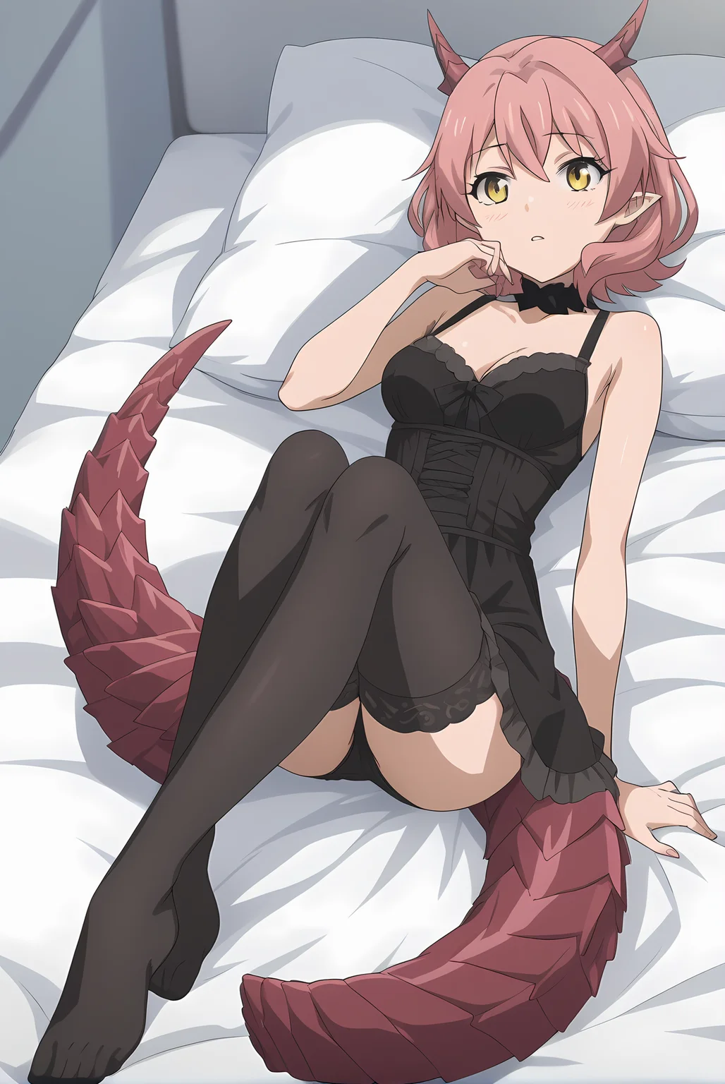 (:1.30), km-hanako, yellow eyes, pink hair, medium hair, short horns, dragon tail, medium breasts, 1girl, solo, skinny, score_9, score_8_up, score_8, score_7_up, score_7, score_6_up, score_6, score_5_up, score_5, source_anime, blush, bedroom, (full body:1.20), (:1.20), feet, <lora:km-hanako-V01:1.00>