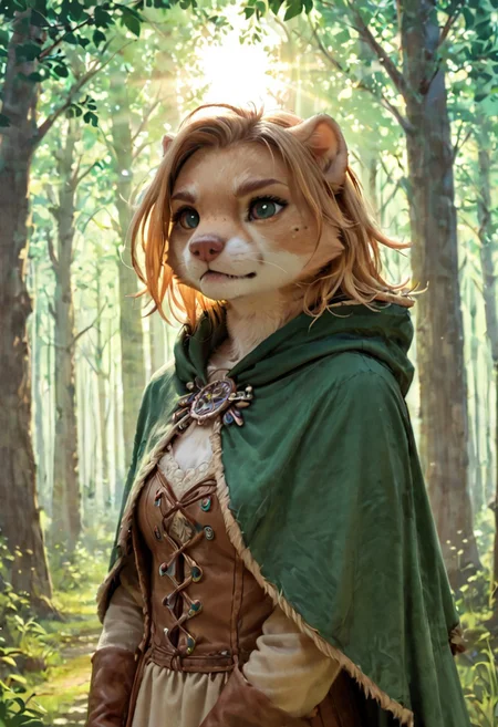 score_9, score_8_up, score_7_up, score_6_up, solo, stoat, beige fur, freckles, fantasy clothes, green clothes, blond hair, green cape, female, forest background, sun, weasel