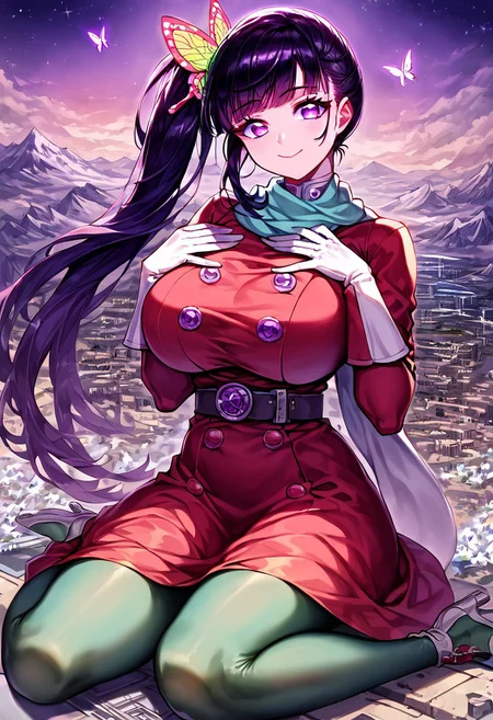gorgeous lips, cinematic, (masterpiece), (best quality), (ultra-detailed), very aesthetic, perfect composition, intricate details, absurdres, detailed face, (anime, masterpiece, intricate:1.3), (best quality, hires textures, high detail:1.2), score_9, score_8_up, score_7_up, source_anime, 1girl, kanao tsuyuri, black hair, pink highlights, butterfly, butterfly hair ornament, purple eyes, long hair, side ponytail, ponytail, eyelashes, hair ornament, scarf, dress, red dress, long sleeves, buttons, gloves, white gloves, belt, pantyhose, green pantyhose, laced heels, white footwear, skirt, flower patterns, alternate_costume, enormous breasts, facial expression, kind, soft eyes, head tilt, slightly smiling, closed mouth, hand on breasts, goddess, planet size, giantess, growing even bigger, sitting on the city floor, gradient eyes, beautiful detailed eyes, city background, mountain landscape, city, mountain, building, skyscrapers, surrounded by tall skyscrapers, (masterpiece:1.4), (best quality:1.4), (ultra-detailed:1.2), gl0w, glow,
