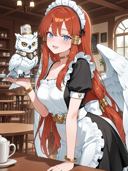 minerva - the exalted lightsworn,1girl,1other,white owl,smile,looking at viewer,gold hair tubes,solo,open mouth,angel wings,gold choker,,gold bracelet,red jewelry,maid headdress, maid apron, maid, dress, blush, bird on shoulder, cafe, indoors, table
masterpiece,best quality,amazing quality,very aesthetic,absurdres,newest,<lora:Minerva, the Exalted Lightsworn illuXL v1.1:0.75>,