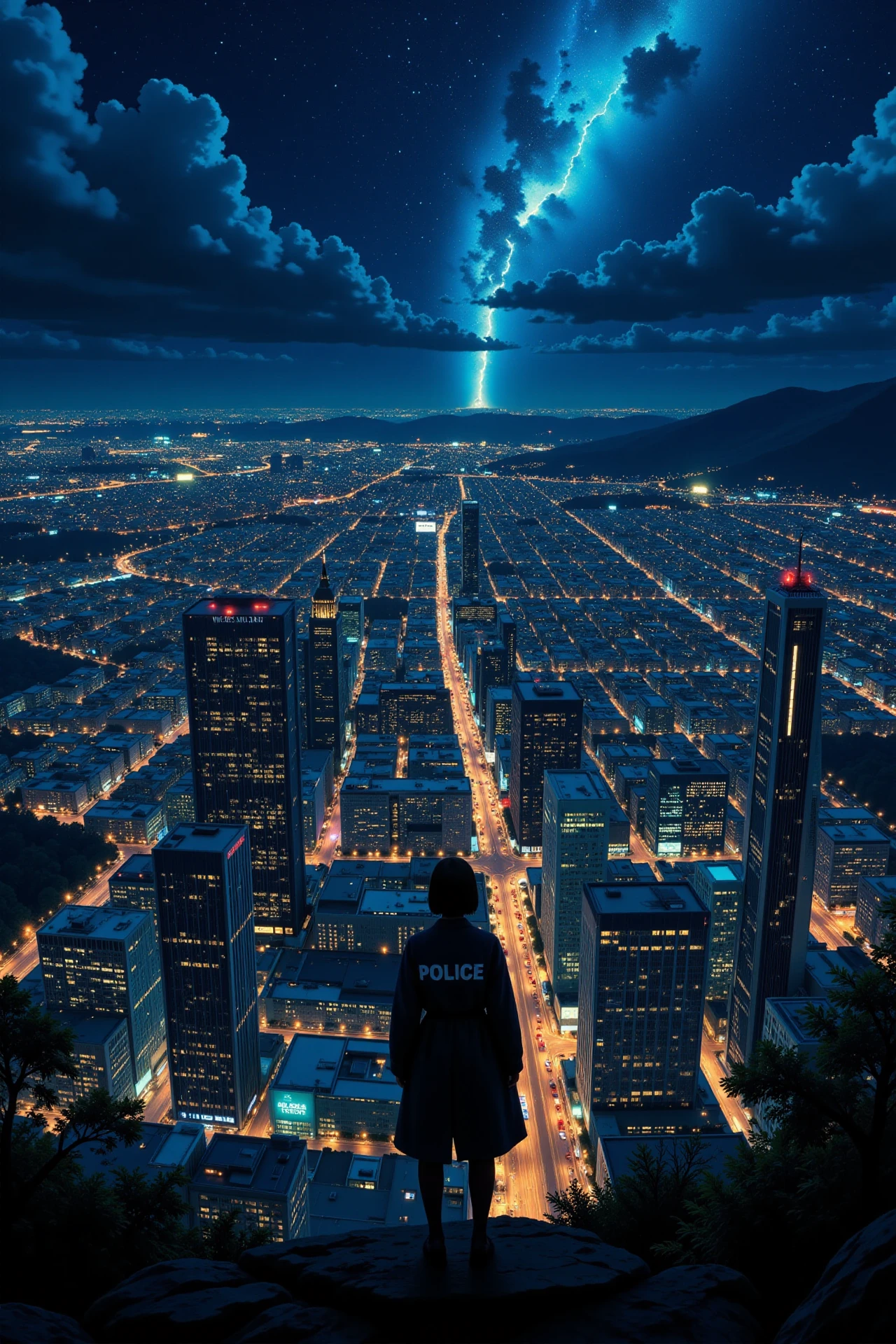 A police force watching over the city beautiful  landscape, bright luminous night, woman, very intricate, very detailed, sharp, bright, colorful, <lora:Hand v2:0.5> <lora:Anti-Blur:1><lora:Insane Detail Slider:0.25>  <lora:flux.1_lora_flyway_Epic-detail_v2:0.3> <lora:fluxenhancer:0.25> <lora:Anime_style:0.6> anime style