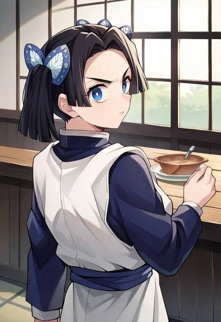 score_9, score_8_up, score_7_up, source_anime, masterpiece, 1girl, ct_a01, white apron, short over long sleeves, sash, indoors, looking at viewer, v-shaped eyebrows, from behind, looking back,