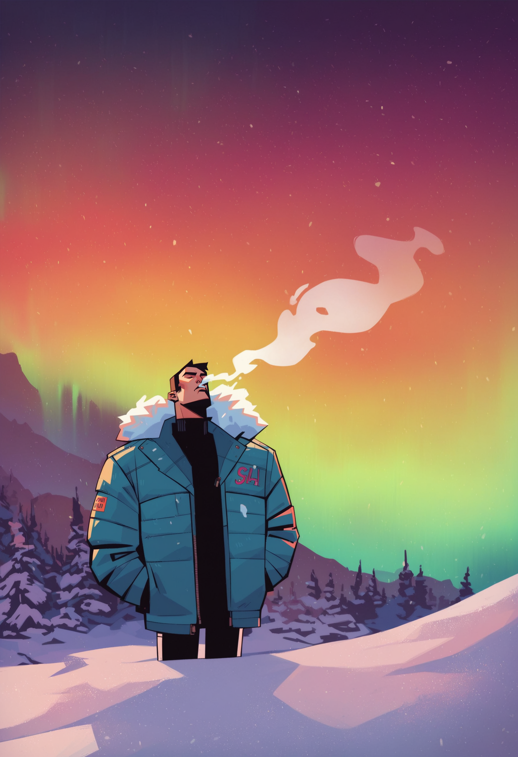 score_9, score_8_up, score_7_up, score_6_up, score_9, score_8_up, score_8, SH_Style, RobVal, 1man, thick winter jacket, blowing smoke, arctic, aurora borealis  <lora:Sheeps_Styles:0.8>