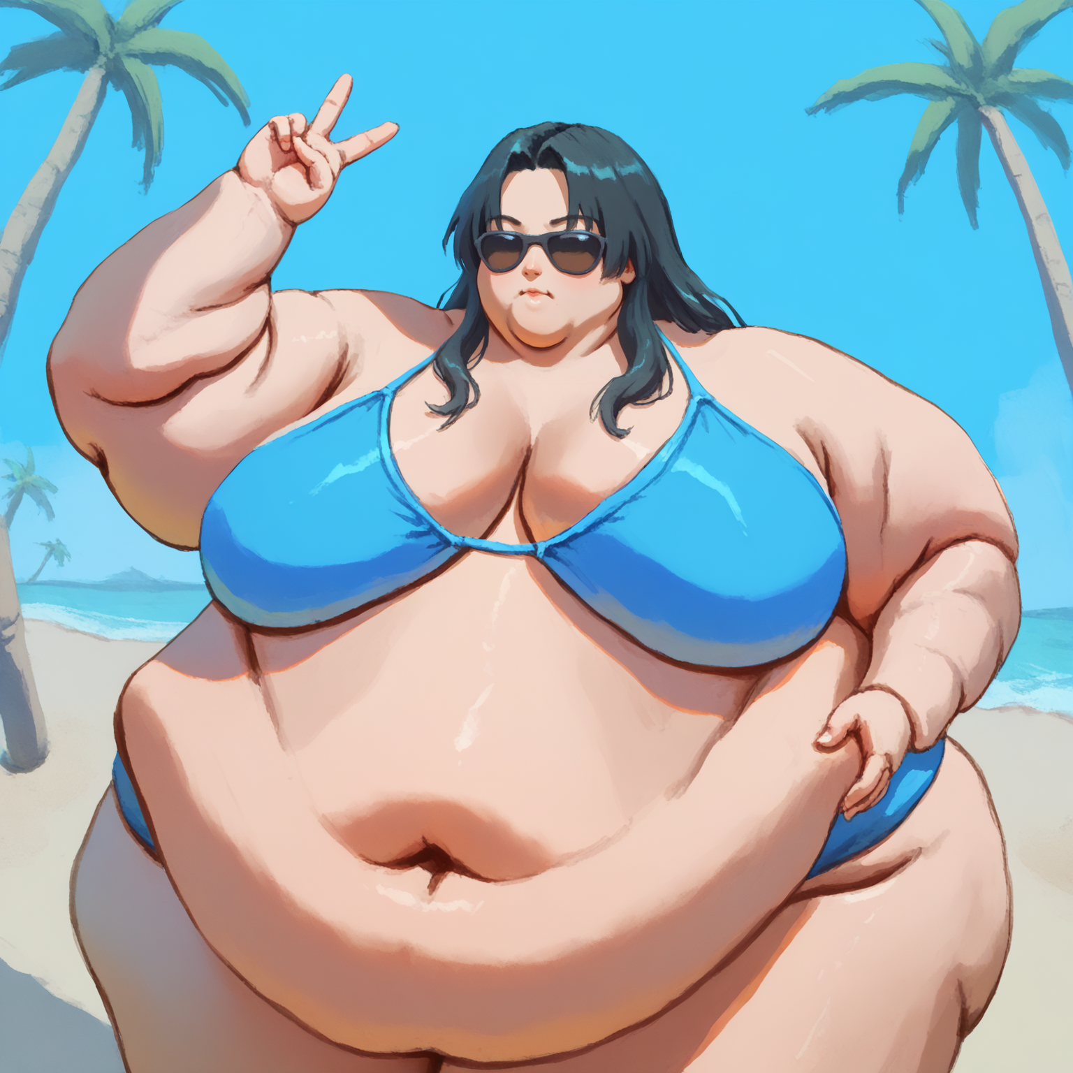 source_anime, score_9, score_8_up, score_7_up,
<lora:SyMix_Pony_DoRA_v06a04_fromE04-000010:1> by Sizemologist, 
1girl, solo, cowboy shot, long hair, black hair, sunglasses, v, hand up, blue bikini,
ussbbw, belly overhang, huge belly, wide hips, huge breasts, fat arms, double chin,
beach, horizon, palm tree