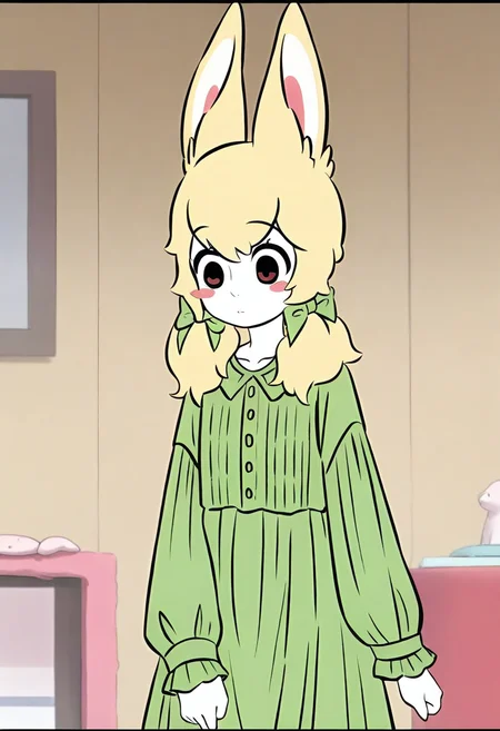 <lora:xiaoyu:1>,xiaoyu,1girl,solo,furry female,black eyes,red eyes,blonde hair,twintails,hair bow,animal ears,white skin,
green dress,dress,long sleeves,green bow,, masterpiece,best quality,amazing quality,absurdres, anime screenshot,
