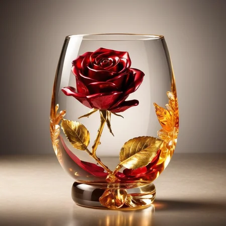 an image of flowers MD_Jewelry, the gem and Diamond red rose in the glass,whiskey,gem leaves, golden,faint light, front view ,film <lora:0210_rose-checkpoint-6000:0.7>