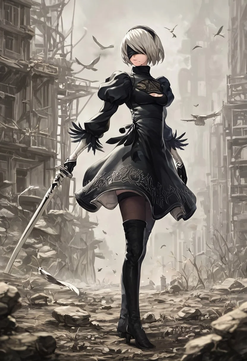 score_9, score_8_up, score_7_up,1girl, yorha_no._2_type_b, mole_under_mouth, weapon, mole, blindfold, solo, thighhighs, dress, puffy_sleeves, sword, breasts, black_dress, hairband, clothing_cutout, white_hair, holding_weapon, cleavage_cutout, gloves, long_sleeves, short_hair, holding, holding_sword, boots, feather-trimmed_sleeves, black_blindfold, juliet_sleeves, black_hairband, thigh_boots, thighhighs_under_boots, medium_breasts, outdoors, closed_mouth, black_thighhighs, black_gloves, turtleneck, bird, cleavage, building, black_footwear, lips, katana, feather_trim, 2B